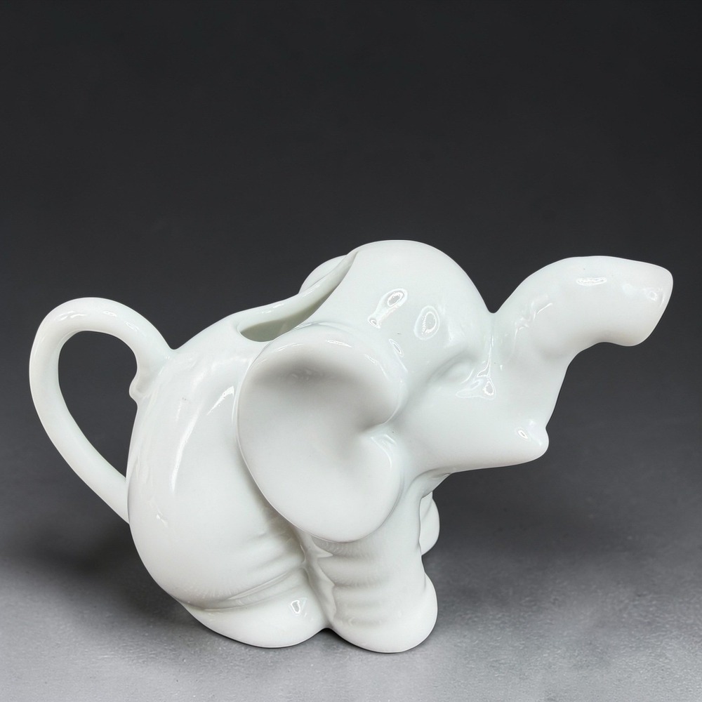 White Porcelain Elephant Creamer Pitcher Glossy Ceramic Animal Coffee Tea Server